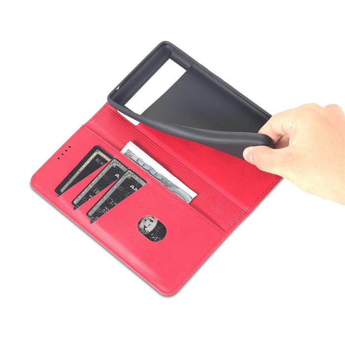 AZNS Smooth Wallet Design Durable PU Leather Shockproof Phone Cover Case for Google Pixel 6 Pro - Red - 7
