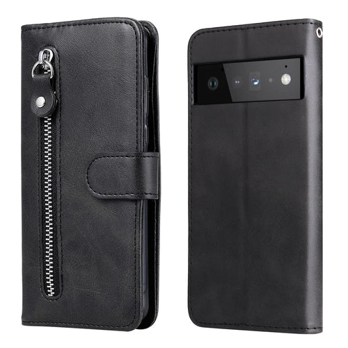 PU Leather Zippered Pocket Phone Case Coin Wallet Stand Folding Case for Google Pixel 6 Pro - Black - 1