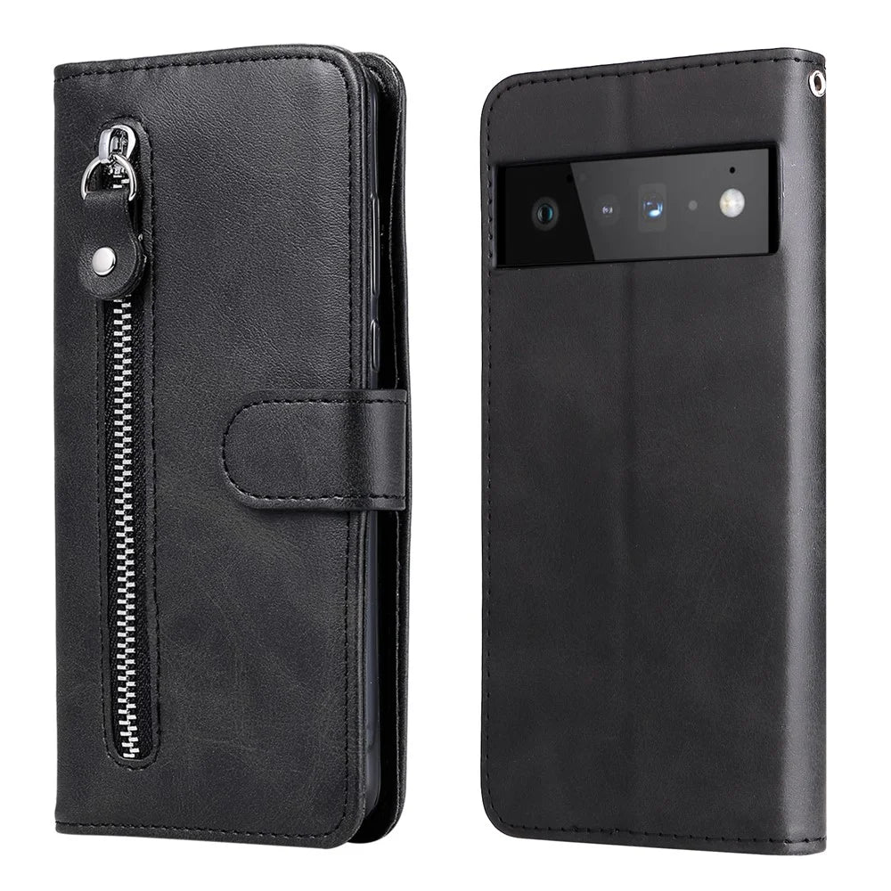 PU Leather Zippered Pocket Phone Case Coin Wallet Stand Folding Case for Google Pixel 6 Pro - Black - 1