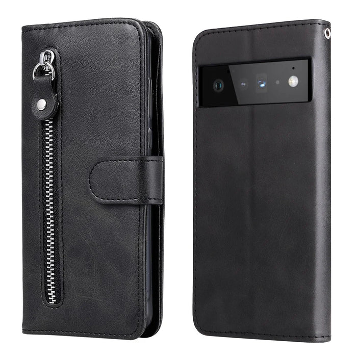 PU Leather Zippered Pocket Phone Case Coin Wallet Stand Folding Case for Google Pixel 6 Pro - Black - 1