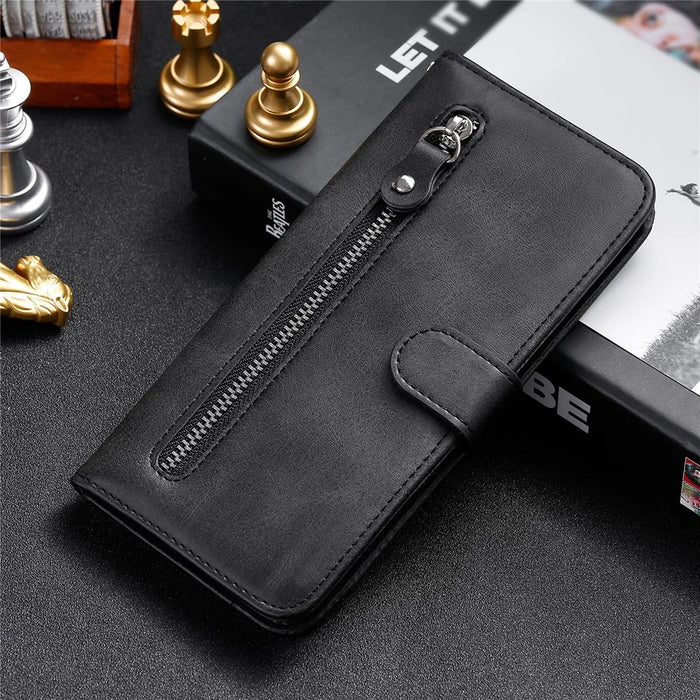 PU Leather Zippered Pocket Phone Case Coin Wallet Stand Folding Case for Google Pixel 6 Pro - Black - 6