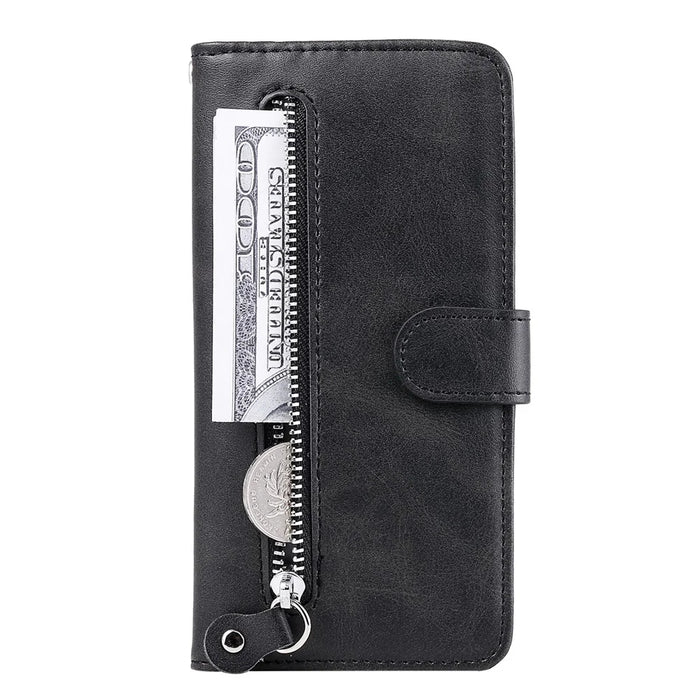 PU Leather Zippered Pocket Phone Case Coin Wallet Stand Folding Case for Google Pixel 6 Pro - Black - 7