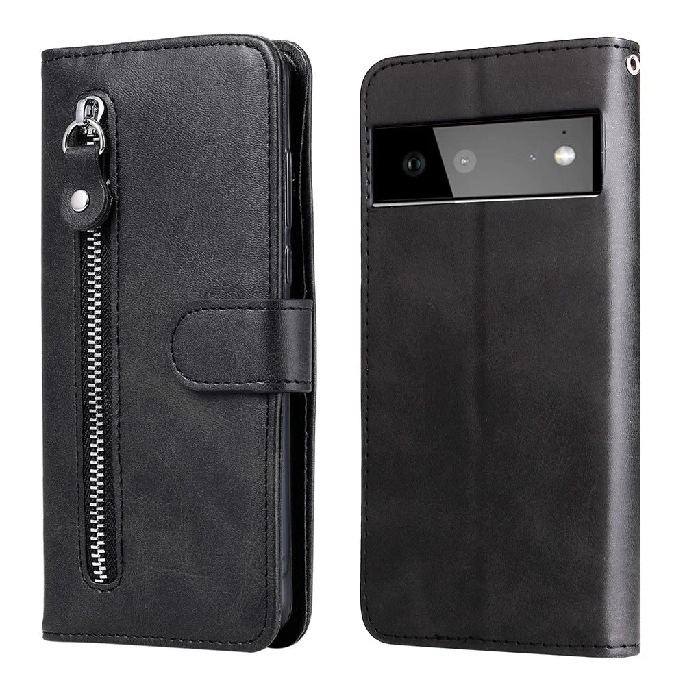 Folding PU Leather Phone Case Zipper Pocket Design Full-Protective Case with Wallet Stand for Google Pixel 6 - Black - 1