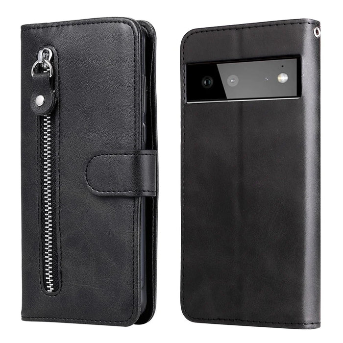 Folding PU Leather Phone Case Zipper Pocket Design Full-Protective Case with Wallet Stand for Google Pixel 6 - Black - 1