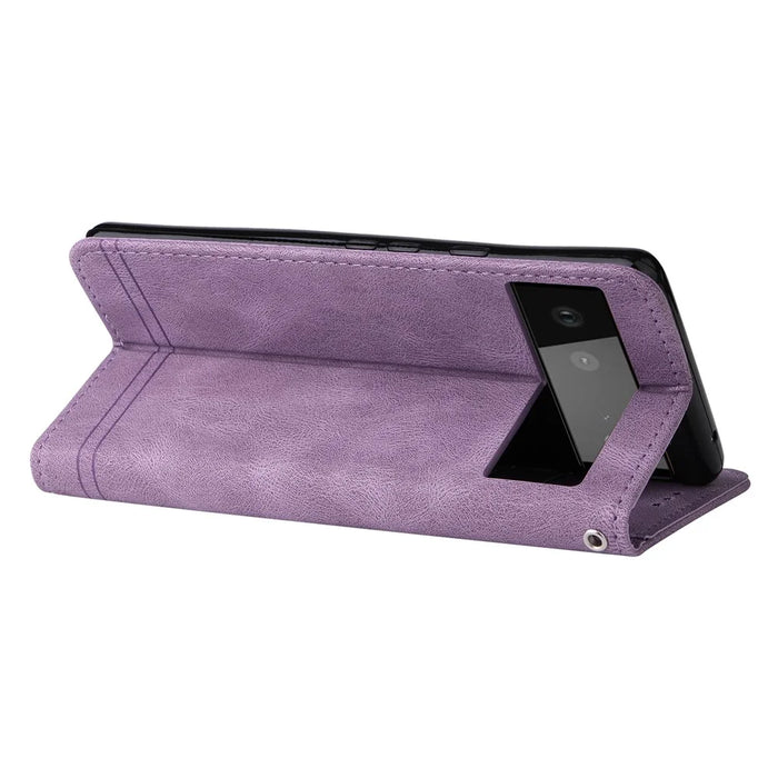For Google Pixel 6 Leather Wallet Cases Skin Touch Phone Cover Stand with Strap - Purple - 6