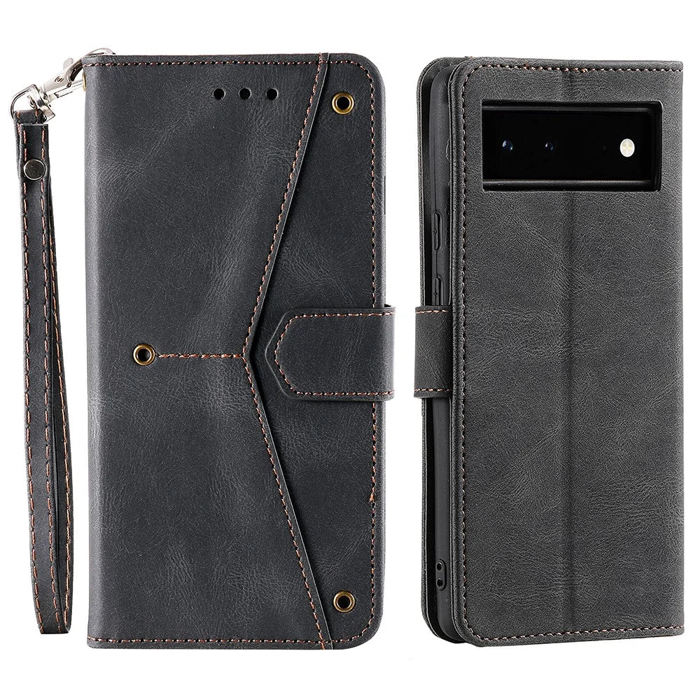 Protective Cover Splicing PU Leather and TPU Phone Flip Case Stitching Skin-touch Stand Wallet for Google Pixel 6 - Black - 1