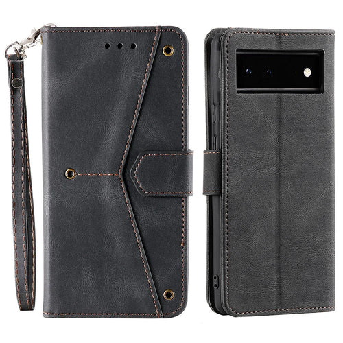 Protective Cover Splicing PU Leather and TPU Phone Flip Case Stitching Skin-touch Stand Wallet for Google Pixel 6 - Black - 1