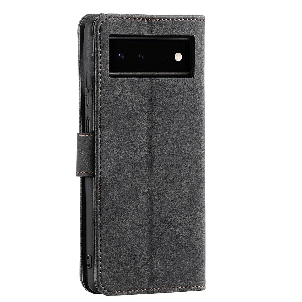 Protective Cover Splicing PU Leather and TPU Phone Flip Case Stitching Skin-touch Stand Wallet for Google Pixel 6 - Black - 4