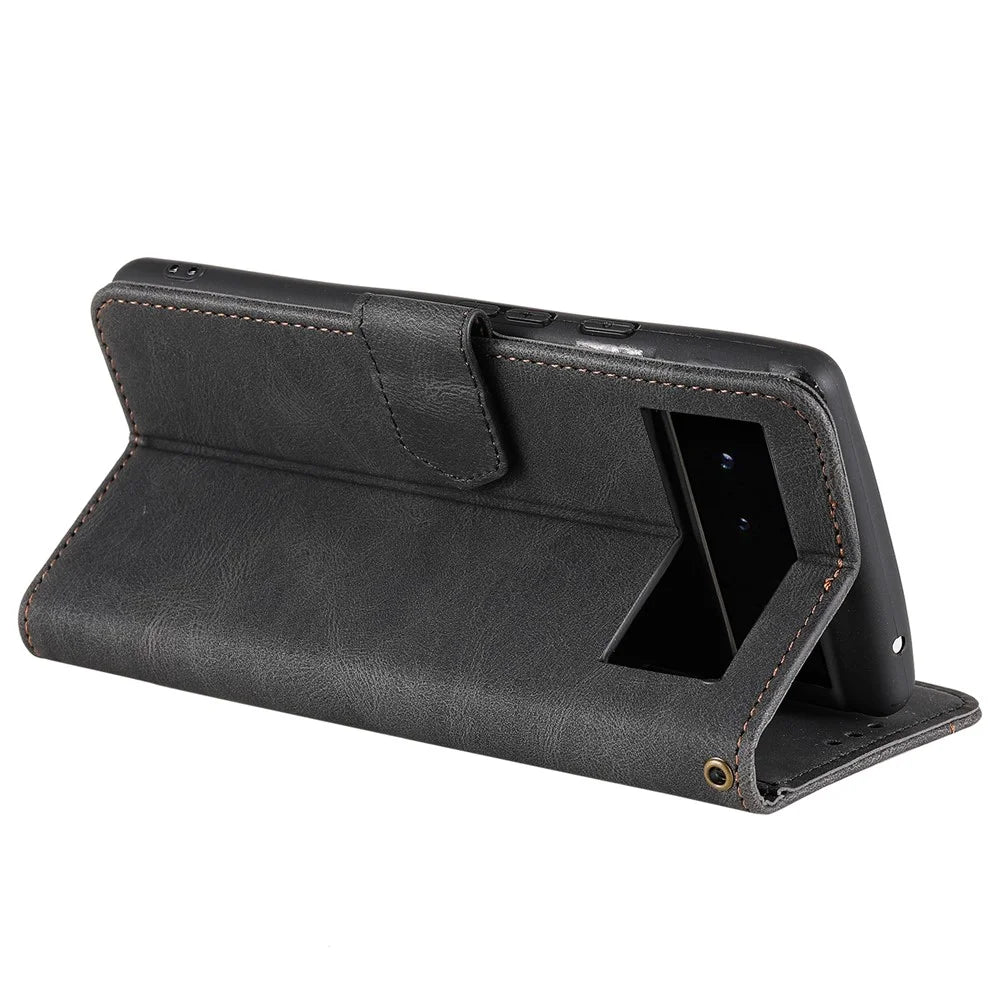 Protective Cover Splicing PU Leather and TPU Phone Flip Case Stitching Skin-touch Stand Wallet for Google Pixel 6 - Black - 5