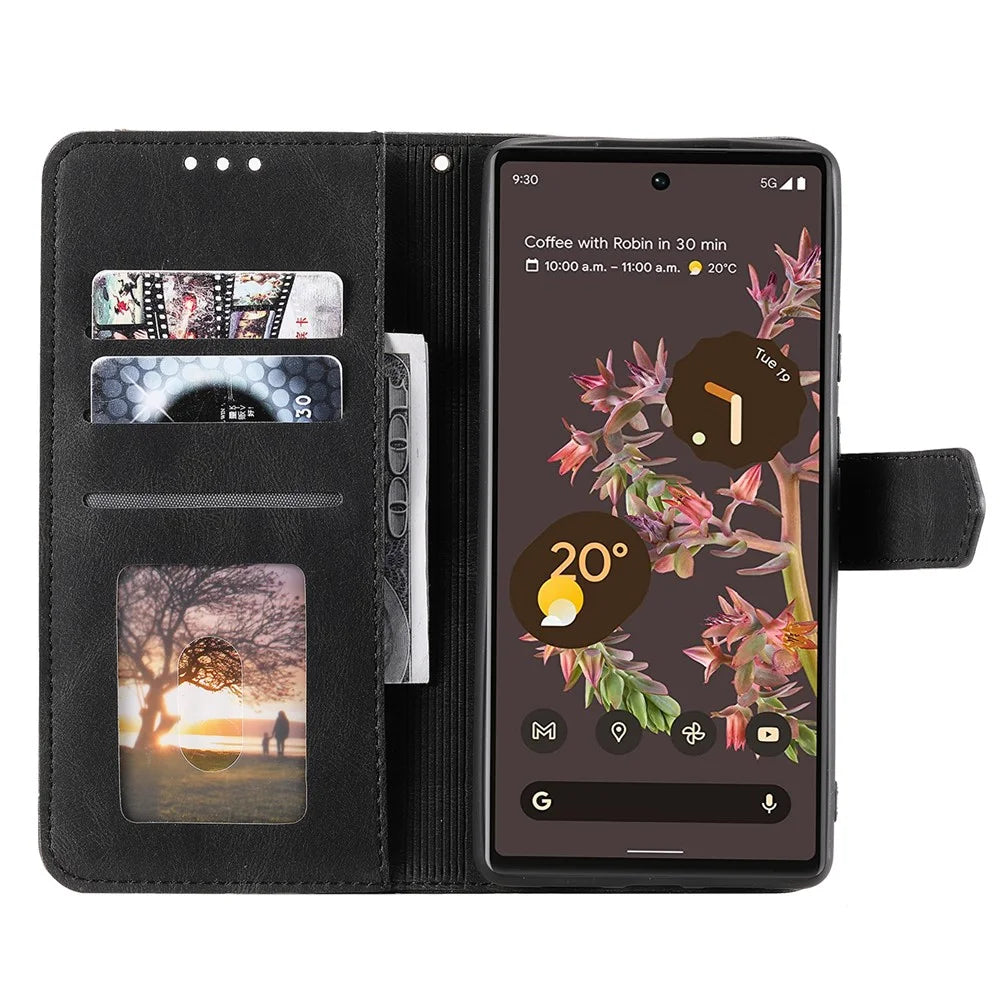 Protective Cover Splicing PU Leather and TPU Phone Flip Case Stitching Skin-touch Stand Wallet for Google Pixel 6 - Black - 6