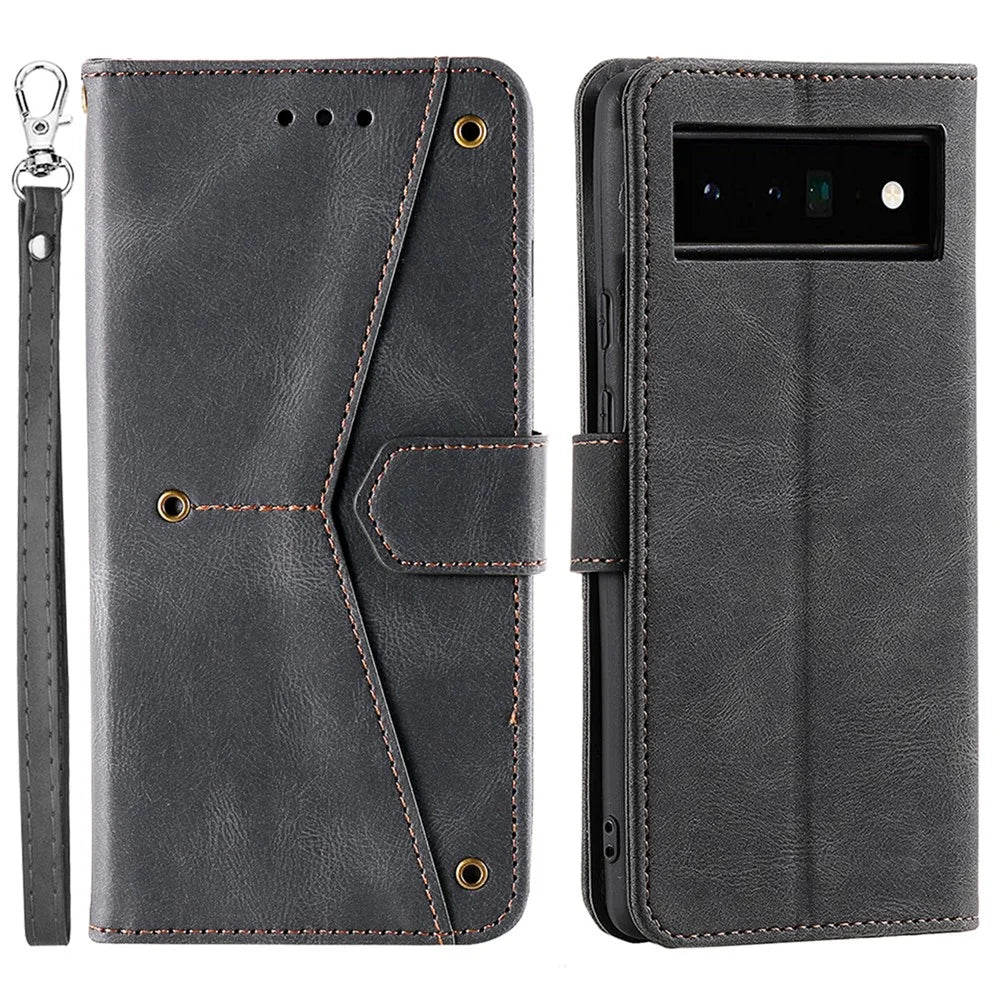 Splicing PU Leather and TPU Phone Flip Case Stitching Skin-touch Stand Wallet Phone Protective Cover for Google Pixel 6 Pro - Black - 1