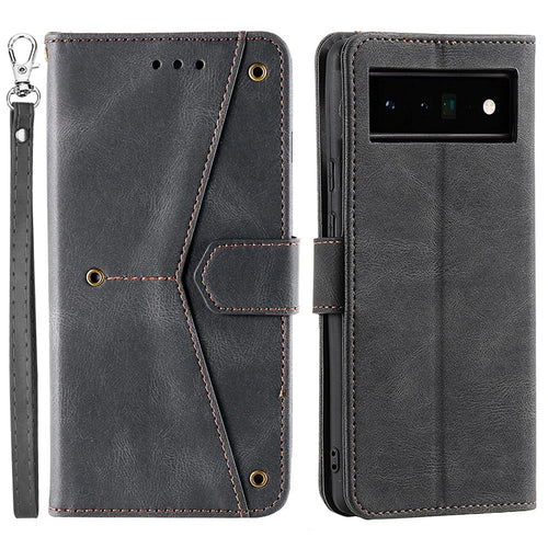 Splicing PU Leather and TPU Phone Flip Case Stitching Skin-touch Stand Wallet Phone Protective Cover for Google Pixel 6 Pro - Black - 1