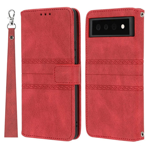 Short Lanyard Soft PU Leather and TPU Imprinted Pattern Wallet Phone Case Cover with Stand for Google Pixel 6 - Red - 1
