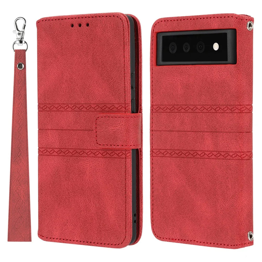 Short Lanyard Soft PU Leather and TPU Imprinted Pattern Wallet Phone Case Cover with Stand for Google Pixel 6 - Red - 1