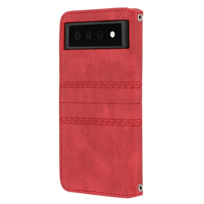 Short Lanyard Soft PU Leather and TPU Imprinted Pattern Wallet Phone Case Cover with Stand for Google Pixel 6 - Red - 4
