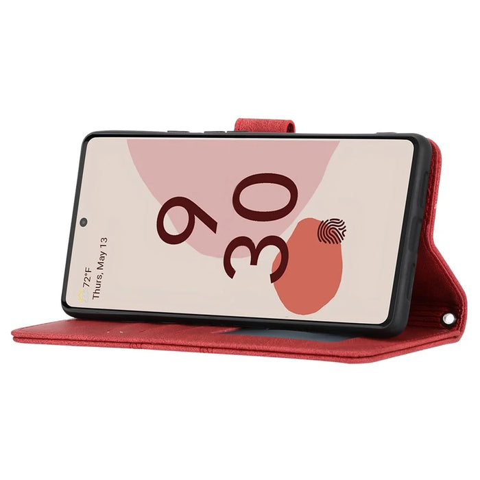 Short Lanyard Soft PU Leather and TPU Imprinted Pattern Wallet Phone Case Cover with Stand for Google Pixel 6 - Red - 5
