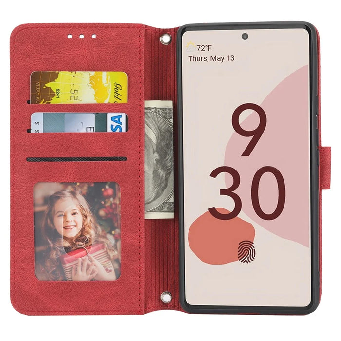 Short Lanyard Soft PU Leather and TPU Imprinted Pattern Wallet Phone Case Cover with Stand for Google Pixel 6 - Red - 7