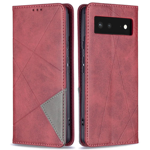 Phone Cover Rhombus-Like Imprinting Card Slots Design Leather Stand Phone Case Cover for Google Pixel 6 - Red - 1