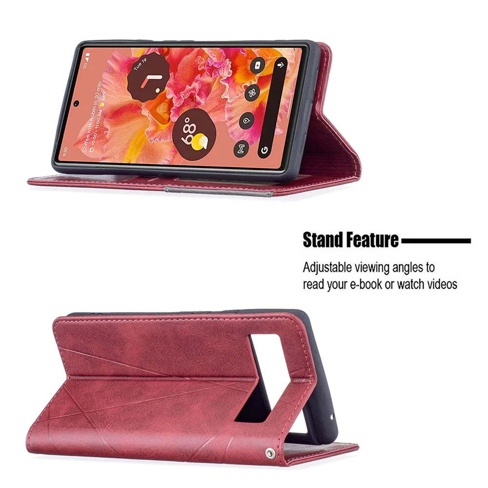 Phone Cover Rhombus-Like Imprinting Card Slots Design Leather Stand Phone Case Cover for Google Pixel 6 - Red - 2