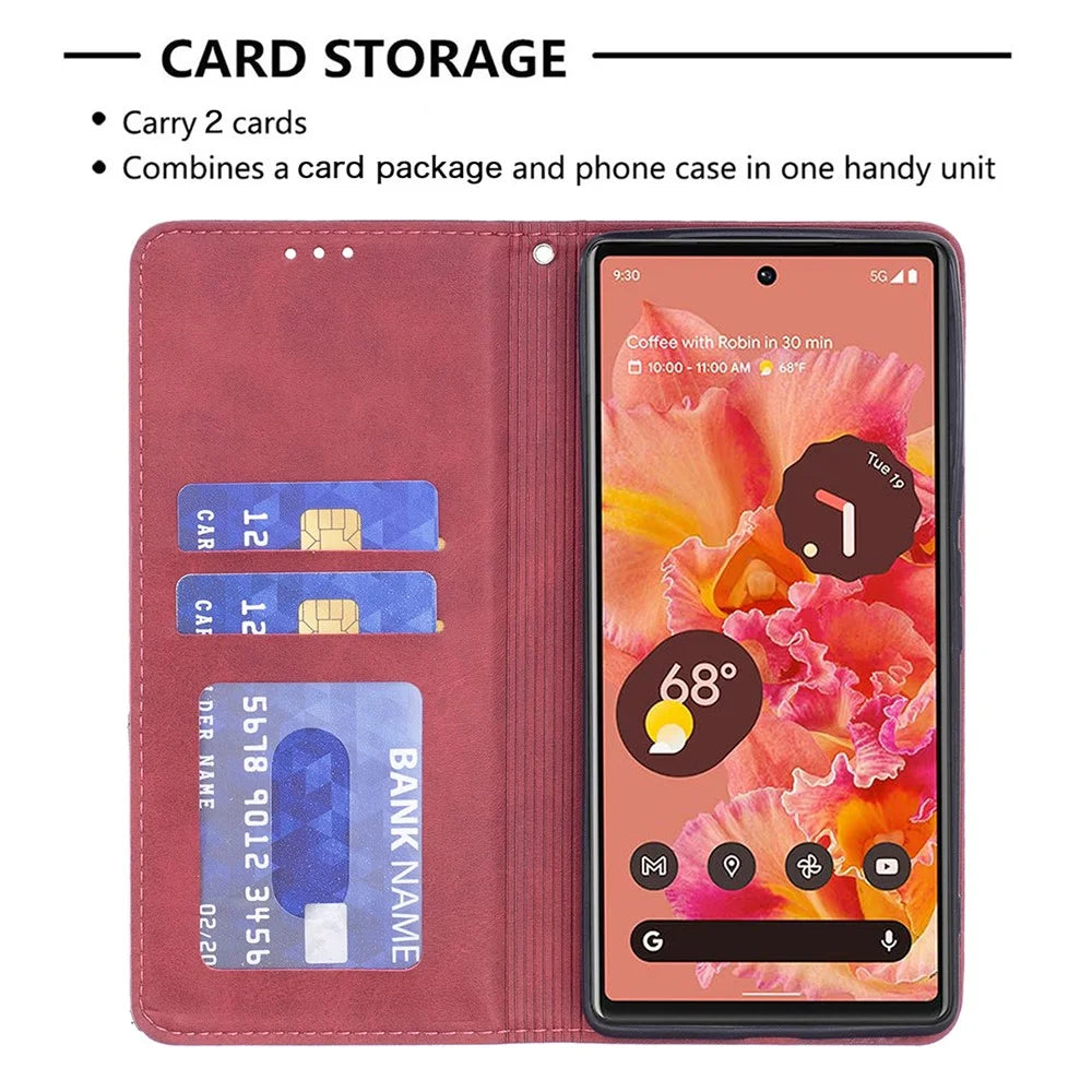 Phone Cover Rhombus-Like Imprinting Card Slots Design Leather Stand Phone Case Cover for Google Pixel 6 - Red - 4