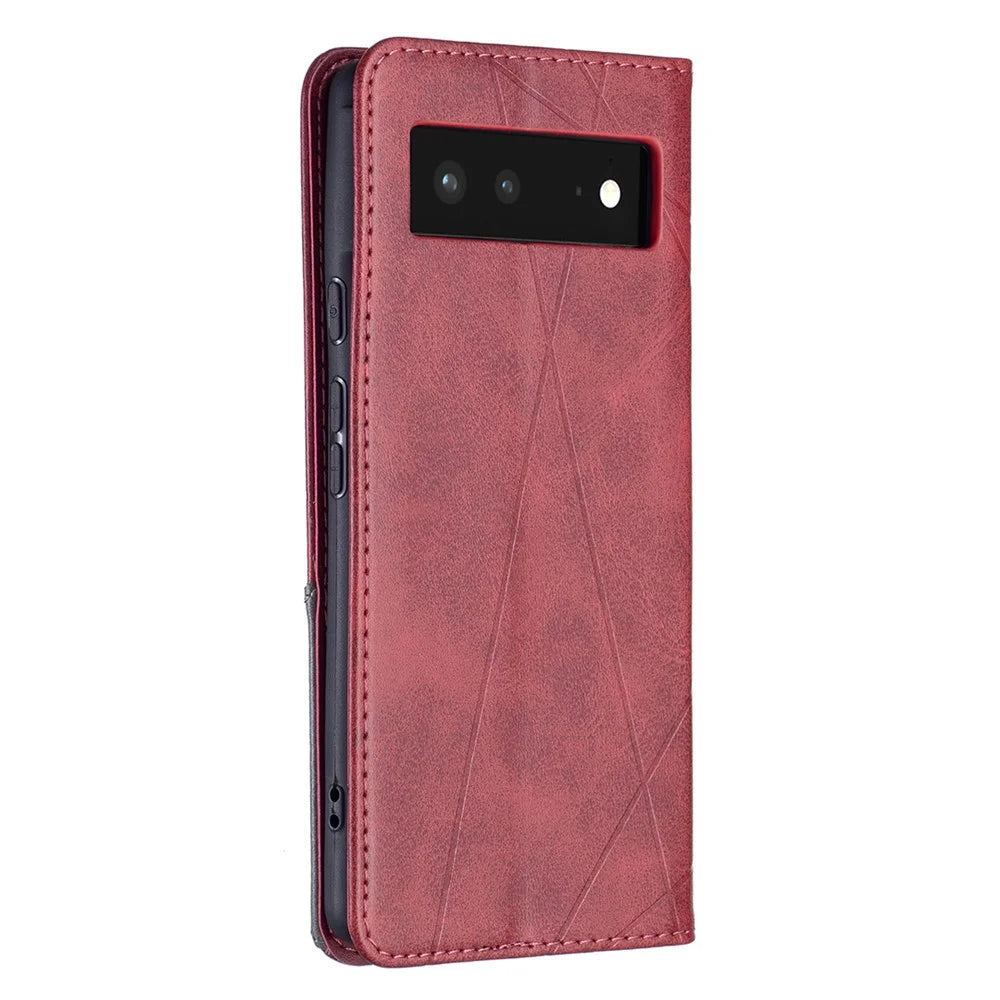 Phone Cover Rhombus-Like Imprinting Card Slots Design Leather Stand Phone Case Cover for Google Pixel 6 - Red - 6