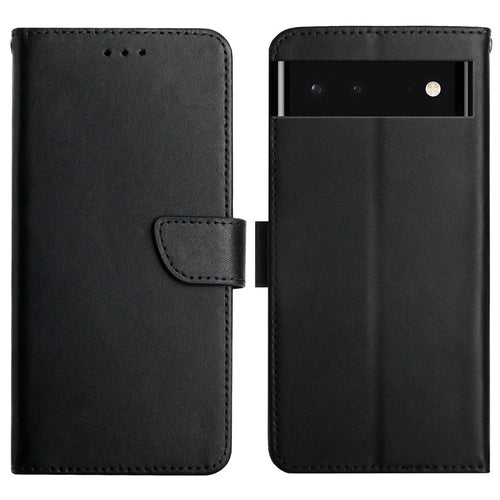 Nappa Texture Folio Flip Genuine Leather Phone Case Magnetic Closure Splash-proof Protection Stand Wallet Cover for Google Pixel 6 - Black - 1