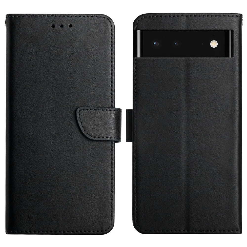 Nappa Texture Folio Flip Genuine Leather Phone Case Magnetic Closure Splash-proof Protection Stand Wallet Cover for Google Pixel 6 - Black - 1