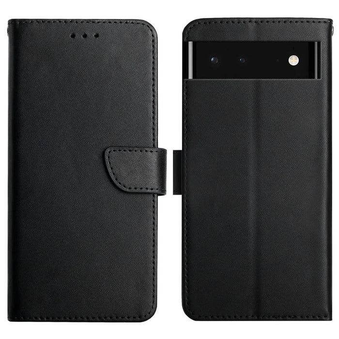 Nappa Texture Folio Flip Genuine Leather Phone Case Magnetic Closure Splash-proof Protection Stand Wallet Cover for Google Pixel 6 - Black - 1