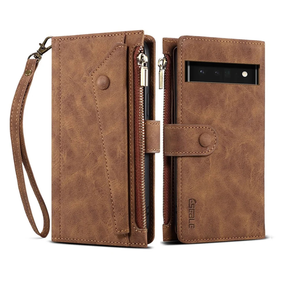 ESEBLE Multifunction Zippered Pocket Full Body Protection Stand Wallet Phone Cover with Wrist Strap for Google Pixel 6a - Brown - 1