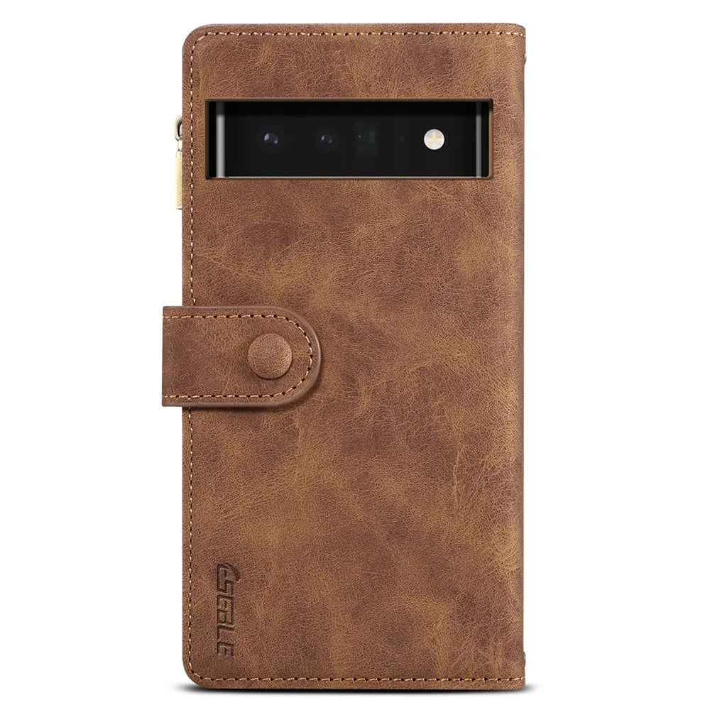 ESEBLE Multifunction Zippered Pocket Full Body Protection Stand Wallet Phone Cover with Wrist Strap for Google Pixel 6a - Brown - 3