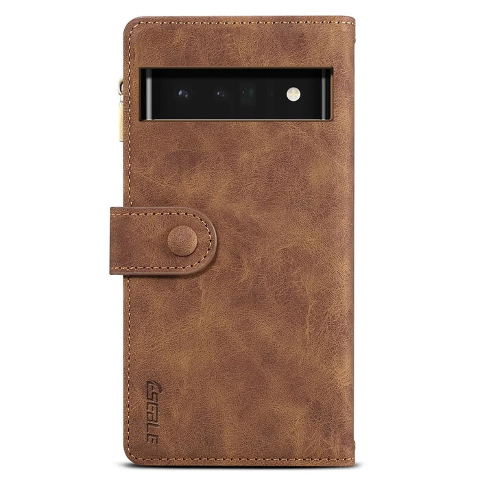 ESEBLE Multifunction Zippered Pocket Full Body Protection Stand Wallet Phone Cover with Wrist Strap for Google Pixel 6a - Brown - 3