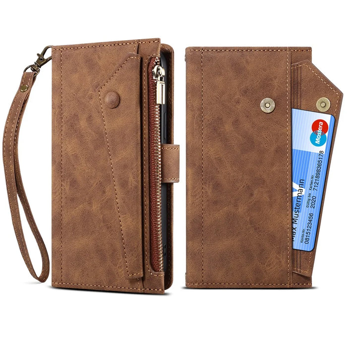 ESEBLE Multifunction Zippered Pocket Full Body Protection Stand Wallet Phone Cover with Wrist Strap for Google Pixel 6a - Brown - 4