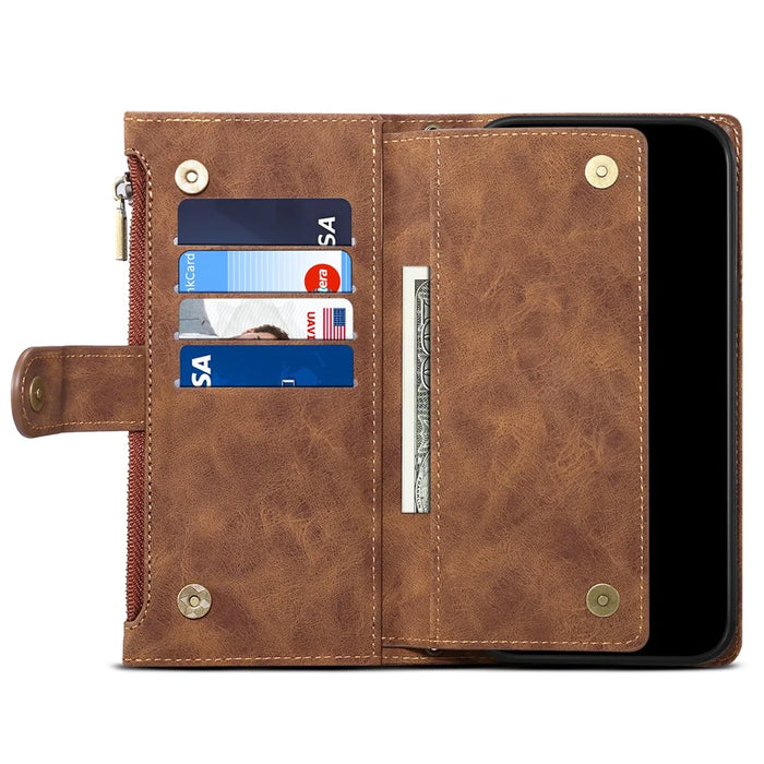ESEBLE Multifunction Zippered Pocket Full Body Protection Stand Wallet Phone Cover with Wrist Strap for Google Pixel 6a - Brown - 6