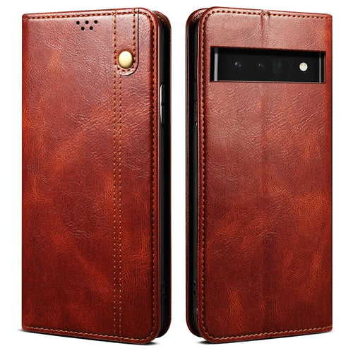 Waxy Crazy Horse Texture Shock Absorption Phone Case Well-protected PU Leather Wallet Stand Cover for Google Pixel 6a - Brown - 1
