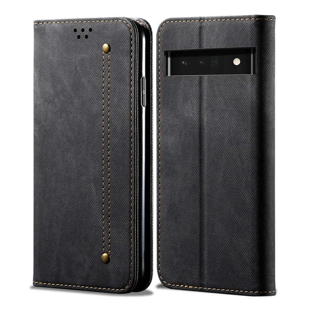 Leisure Style Jeans Cloth Texture Leather Case Folio Flip Magnetic Closure Wallet Stand Phone Shell for Google Pixel 6a - Black - 1