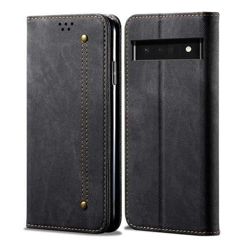 Leisure Style Jeans Cloth Texture Leather Case Folio Flip Magnetic Closure Wallet Stand Phone Shell for Google Pixel 6a - Black - 1