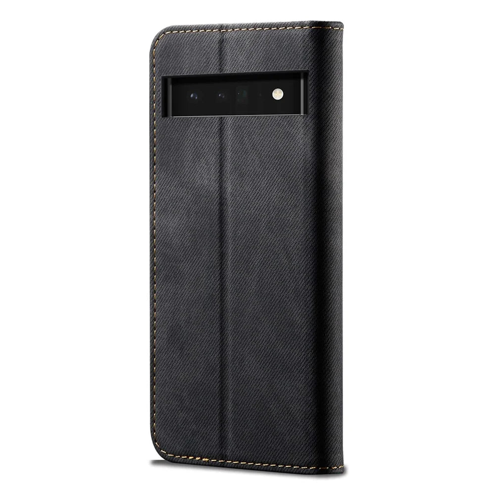 Leisure Style Jeans Cloth Texture Leather Case Folio Flip Magnetic Closure Wallet Stand Phone Shell for Google Pixel 6a - Black - 3