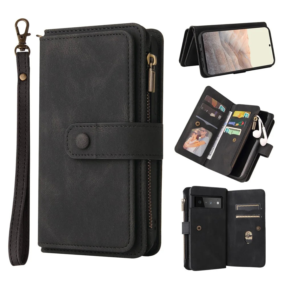 For Google Pixel 6 Pro Zipper Wallet Case with 15 Card Slots and Strap Leather Phone Cover - Black - 1