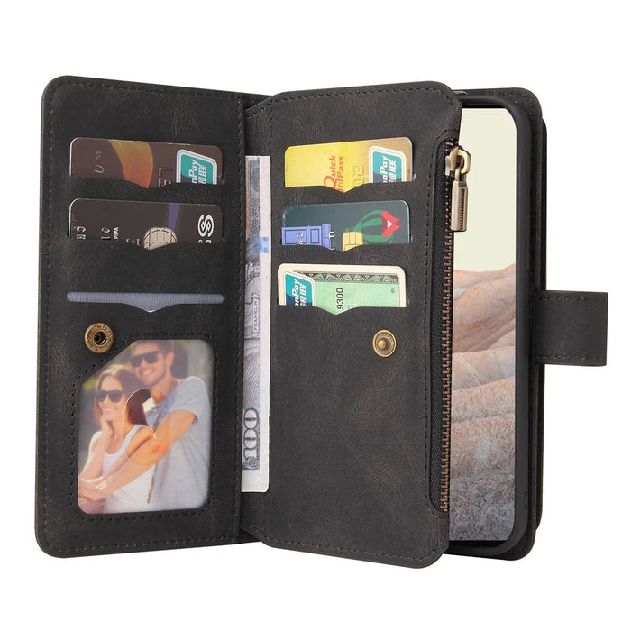 For Google Pixel 6 Pro Zipper Wallet Case with 15 Card Slots and Strap Leather Phone Cover - Black - 3