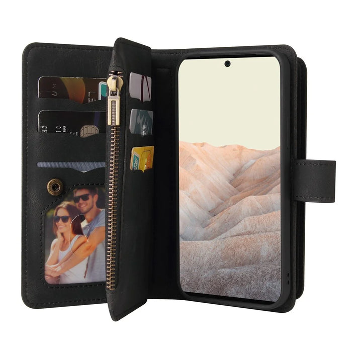 For Google Pixel 6 Pro Zipper Wallet Case with 15 Card Slots and Strap Leather Phone Cover - Black - 4