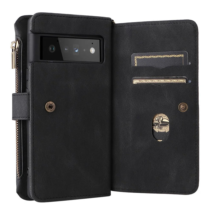 For Google Pixel 6 Pro Zipper Wallet Case with 15 Card Slots and Strap Leather Phone Cover - Black - 6