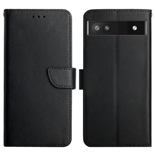 Genuine Leather Phone Case Shockproof Magnetic Closure Nappa Texture Folio Stand Wallet Cover for Google Pixel 6a - Black - 1