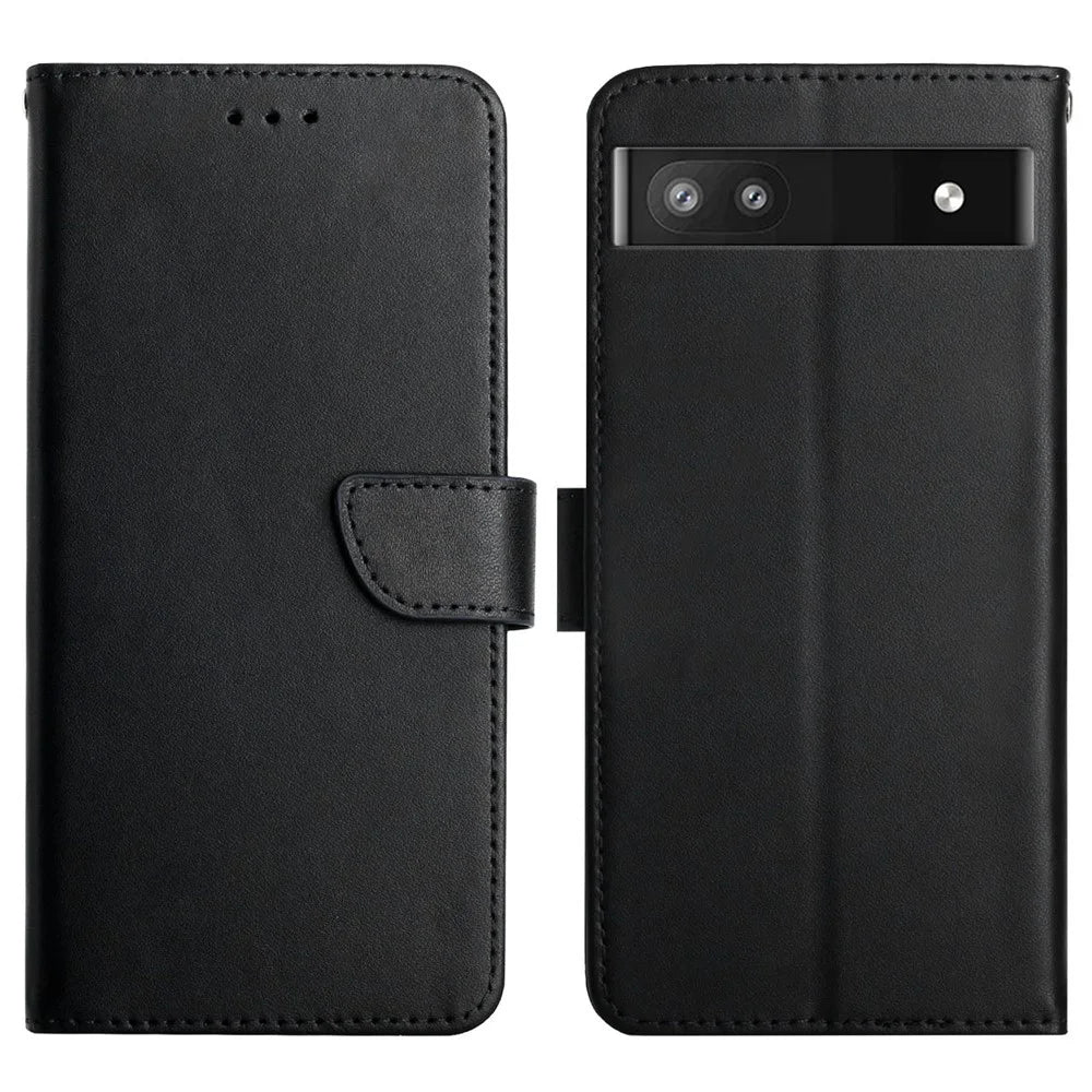 Genuine Leather Phone Case Shockproof Magnetic Closure Nappa Texture Folio Stand Wallet Cover for Google Pixel 6a - Black - 1