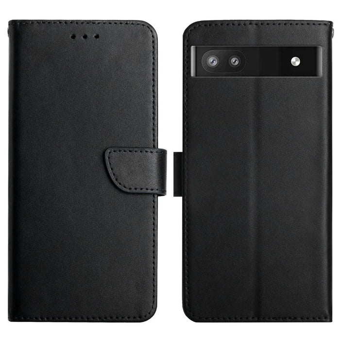 Genuine Leather Phone Case Shockproof Magnetic Closure Nappa Texture Folio Stand Wallet Cover for Google Pixel 6a - Black - 1