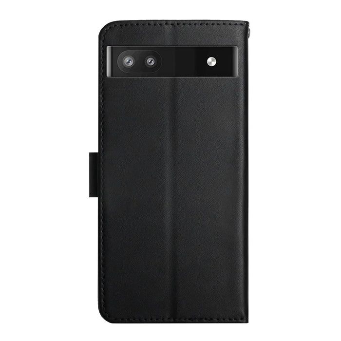 Genuine Leather Phone Case Shockproof Magnetic Closure Nappa Texture Folio Stand Wallet Cover for Google Pixel 6a - Black - 3