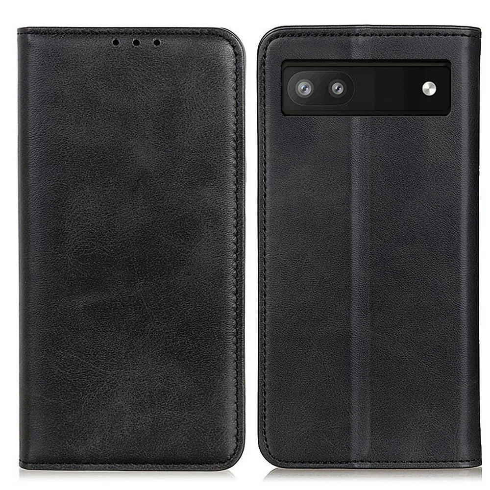 Magnetic Auto-absorbed Solid Color Split Leather + TPU Stand Wallet Case for Google Pixel 6a - Black - 1