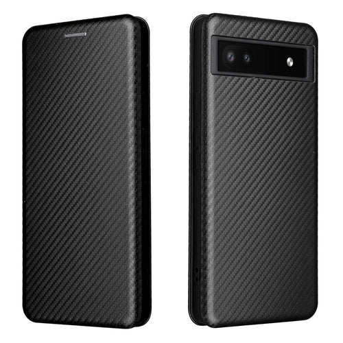 Carbon Fiber Texture Magnetic Auto-absorbed Leather Phone Case Protective Cover with Stand and Card Slot for Google Pixel 6a - Black - 1