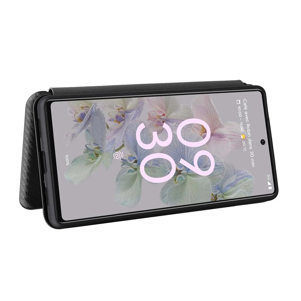 Carbon Fiber Texture Magnetic Auto-absorbed Leather Phone Case Protective Cover with Stand and Card Slot for Google Pixel 6a - Black - 4