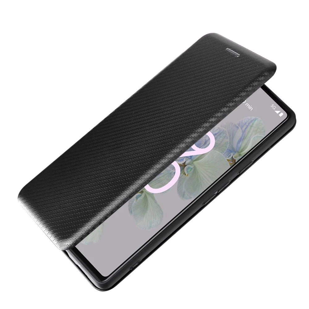 Carbon Fiber Texture Magnetic Auto-absorbed Leather Phone Case Protective Cover with Stand and Card Slot for Google Pixel 6a - Black - 5