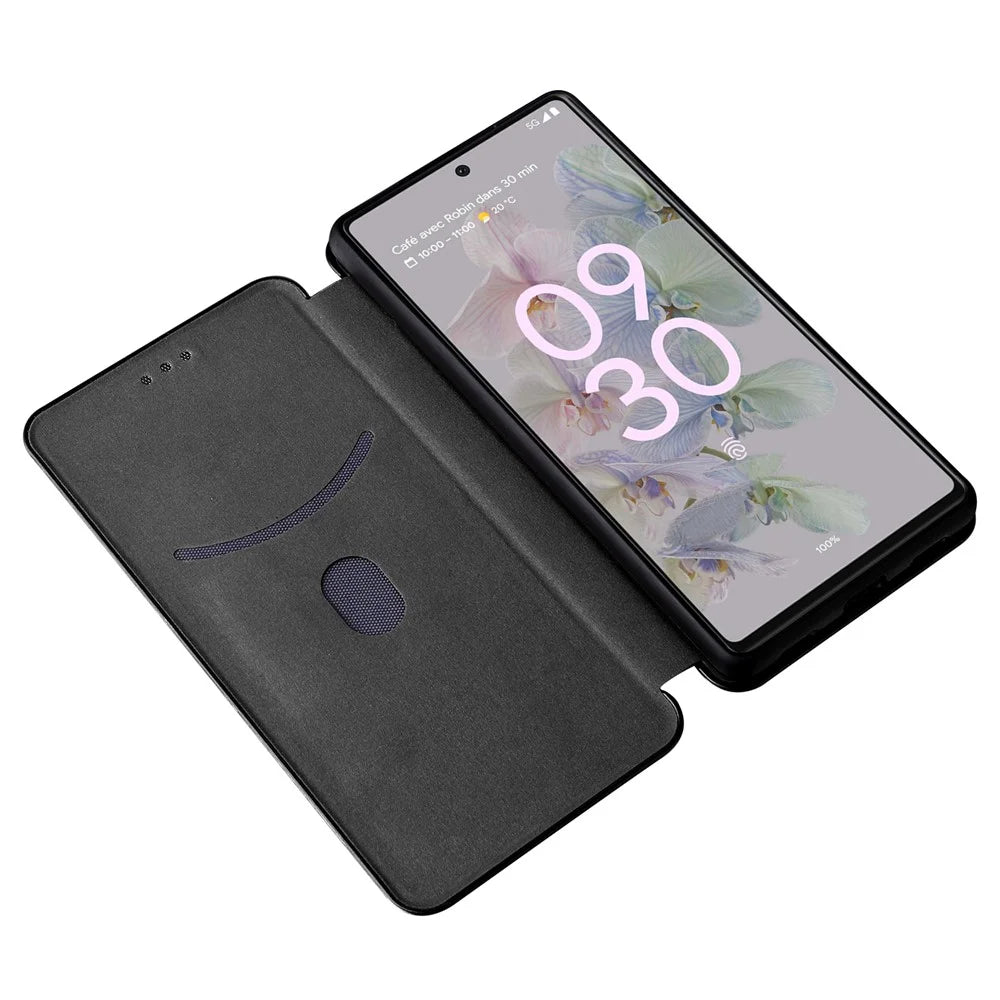 Carbon Fiber Texture Magnetic Auto-absorbed Leather Phone Case Protective Cover with Stand and Card Slot for Google Pixel 6a - Black - 6